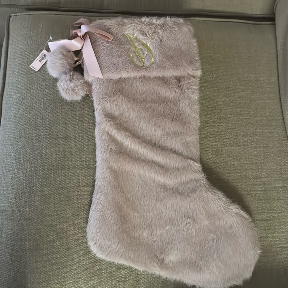 NWT - Victoria’s Secret pink Fur stocking with gold embroidered logo